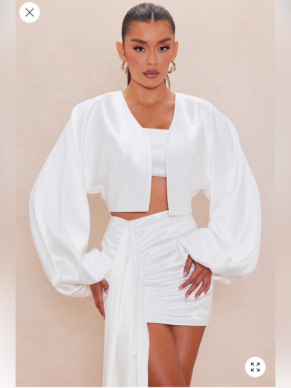 Fashion Nova White Satin Ruched Mini Skirt Set